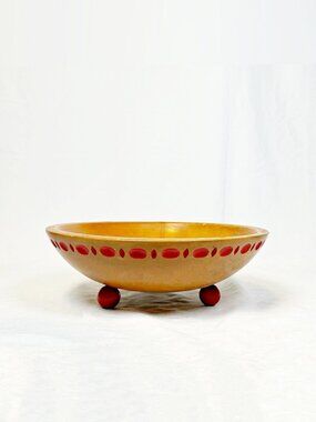 Vintage 40s Munising 11" Red Carved Design Red Ball Feet Wooden Dough Bowl